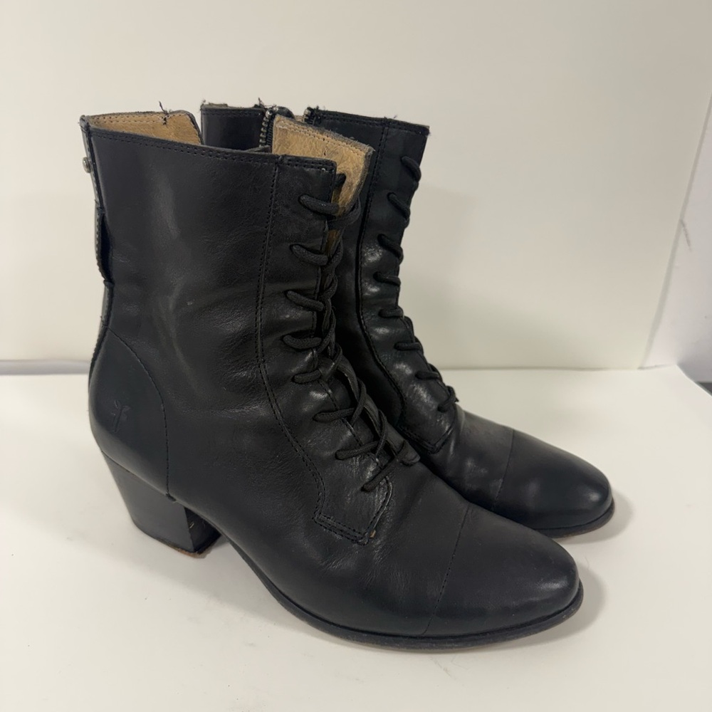 Frye Black Leather Lace Up Boots